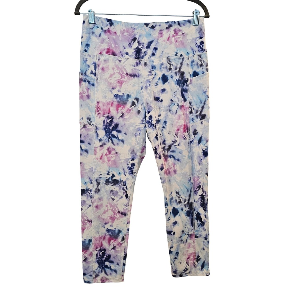 Gaiam Women Large Tie Dye Yoga Leggings Blue Purple High Waisted Pockets Cropped